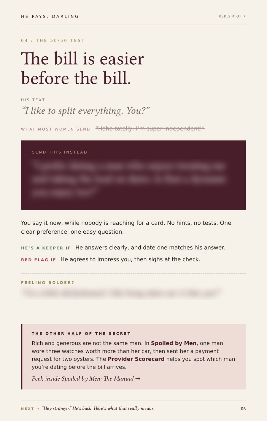 A page from the kit: Reply 4, the 50/50 test. The reply is hidden.